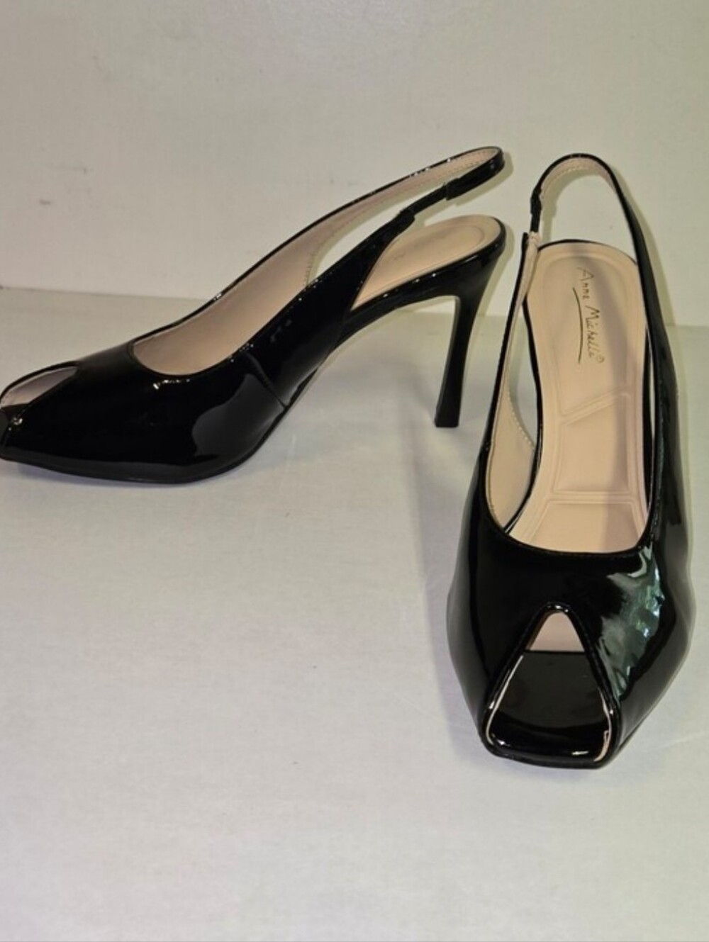 Brand New Anne Michelle Black Patent Slingback Peep-Toe Heels with Nude Insole